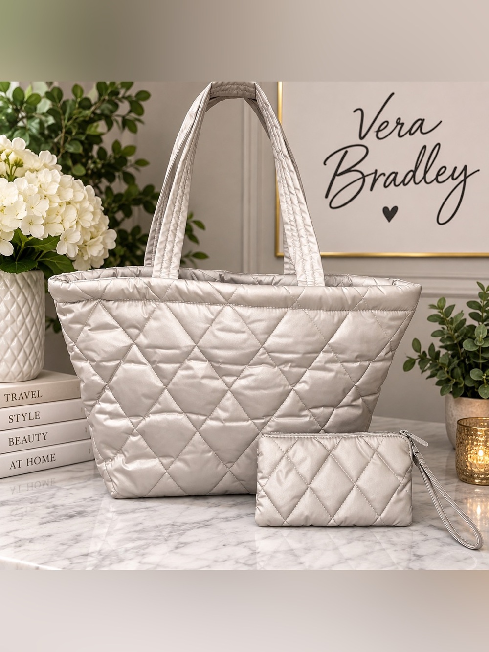 Vera Bradley Ultralight Travel Tote & Essential Zip Wristlet Set Oyster Mushroom